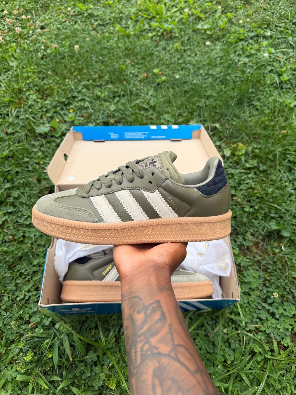 adidas Olive Green and White Sneakers with Gum Sole